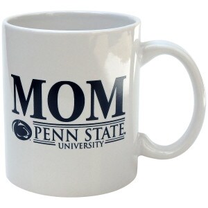 white mug with navy MOM over Athletic Logo and Penn State University